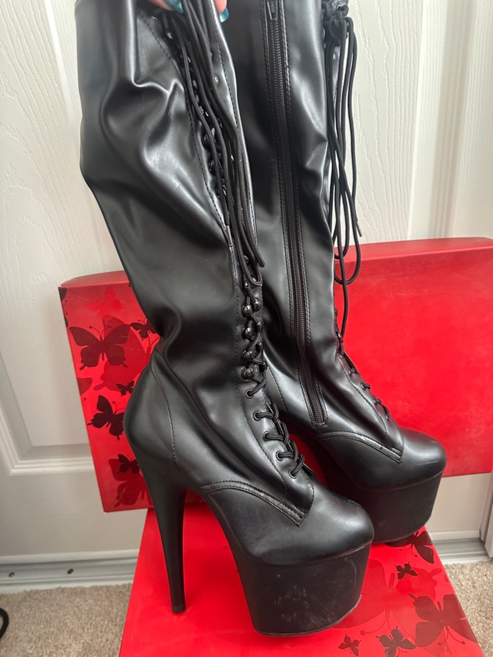 Pleaser Black Lace-Up Knee-High Boots - Picture 2 of 6